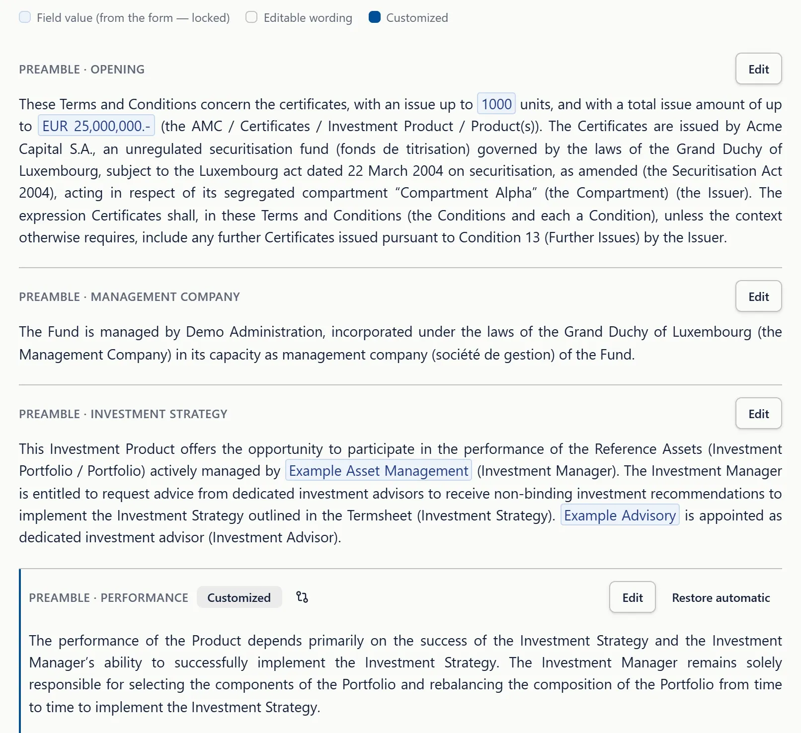 Titreasy document editor: Terms and Conditions blocks where field values such as the issue size and the investment manager appear as locked chips inside editable wording.