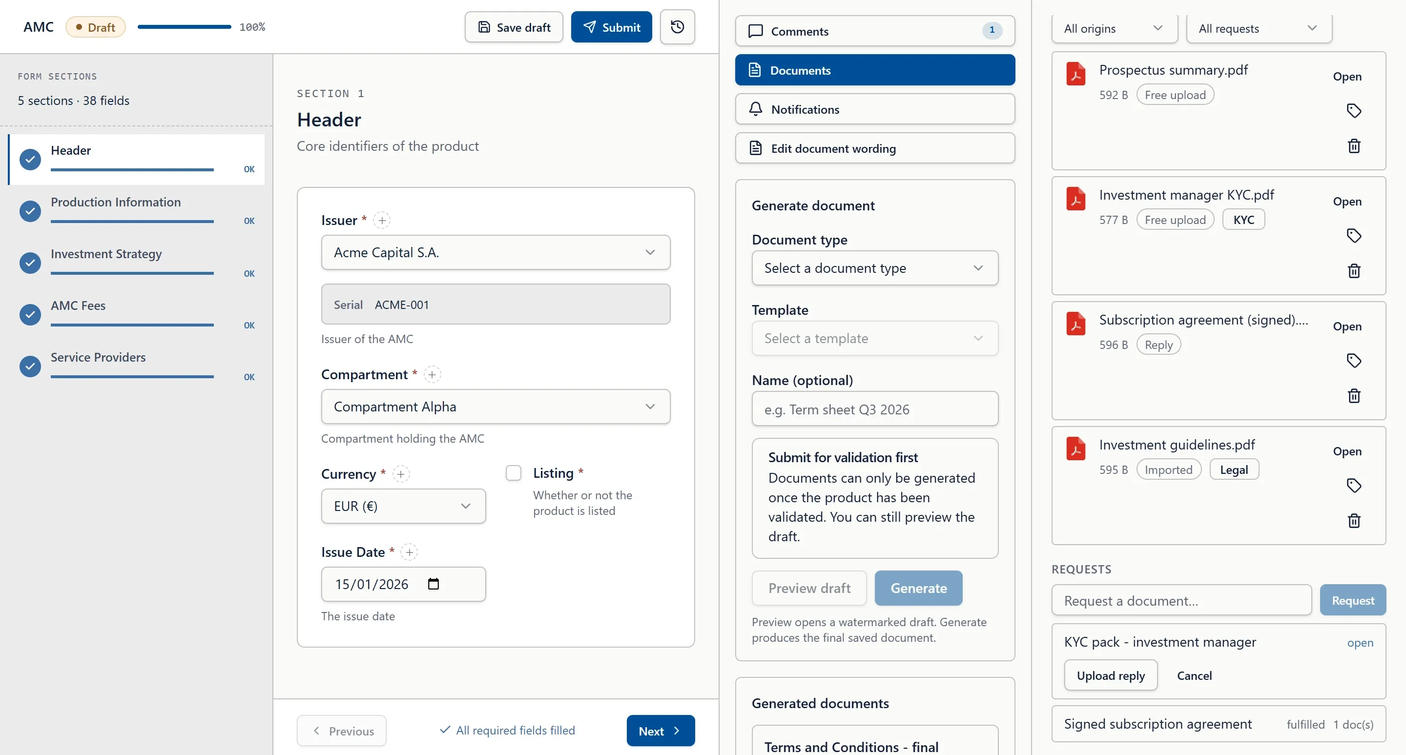 Titreasy product workspace with the document bank open: tagged files, their origin, and a list of document requests, one open and one fulfilled.
