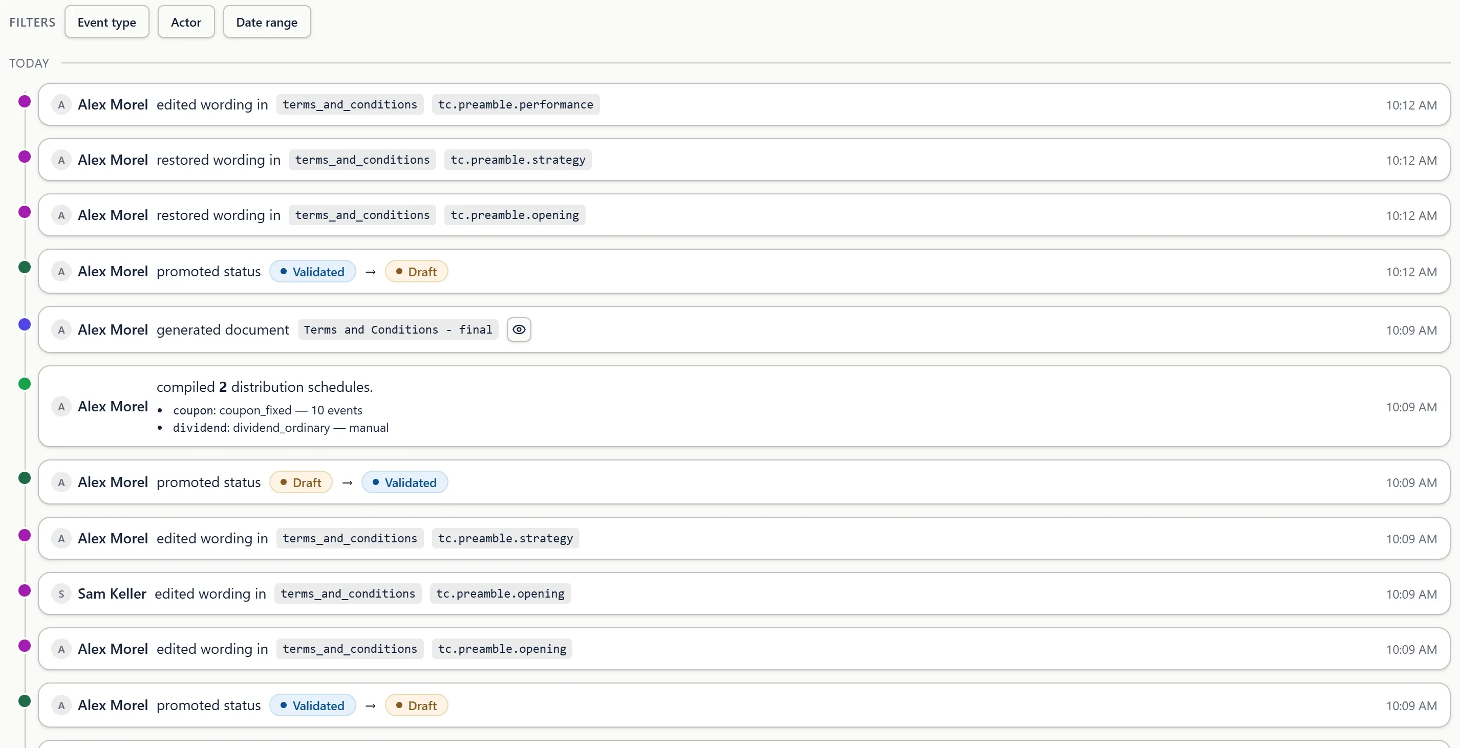 Titreasy product history: a dated timeline of events such as wording edits, status changes and document generations, with filters by event type, actor and date range.